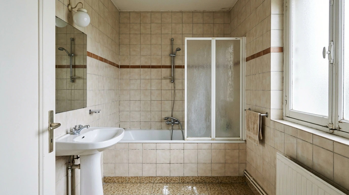 Avant : salle de bain ancienne avec baignoire à enjamber, pare-baignoire et sol glissant