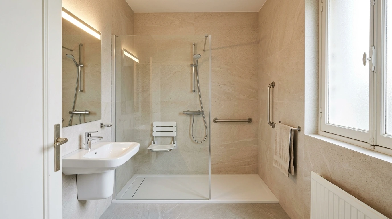 Après : douche accessible de plain-pied avec siège rabattable, barres d’appui et vasque suspendue