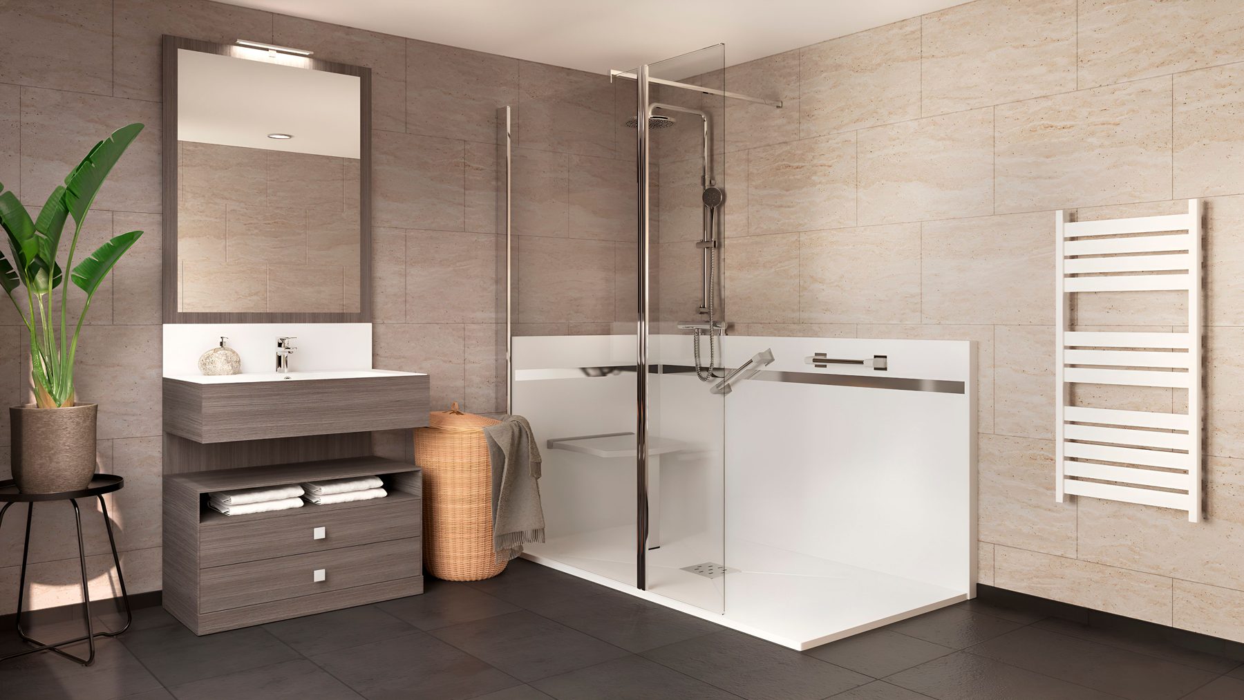 Douche PMR accessible avec siège rabattable et barre d’appui, salle de bain moderne