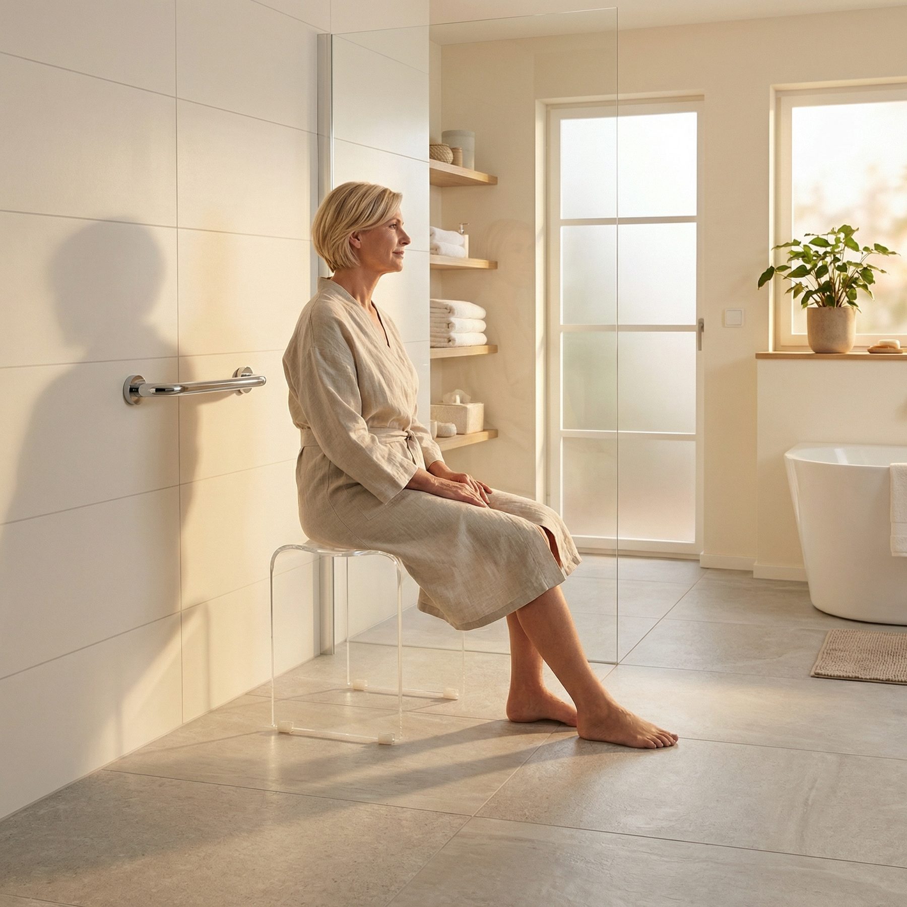 Femme senior assise sur un siège de douche, barre d’appui murale, salle de bain lumineuse et accessible